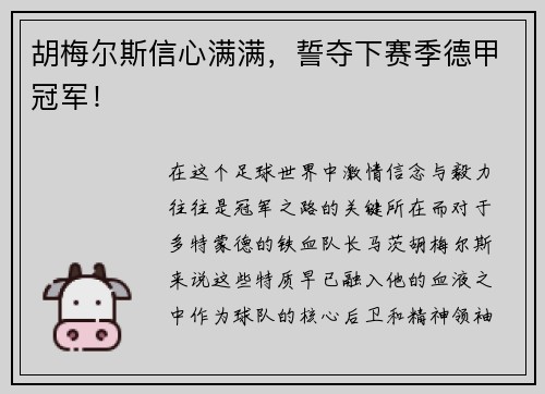 胡梅尔斯信心满满，誓夺下赛季德甲冠军！